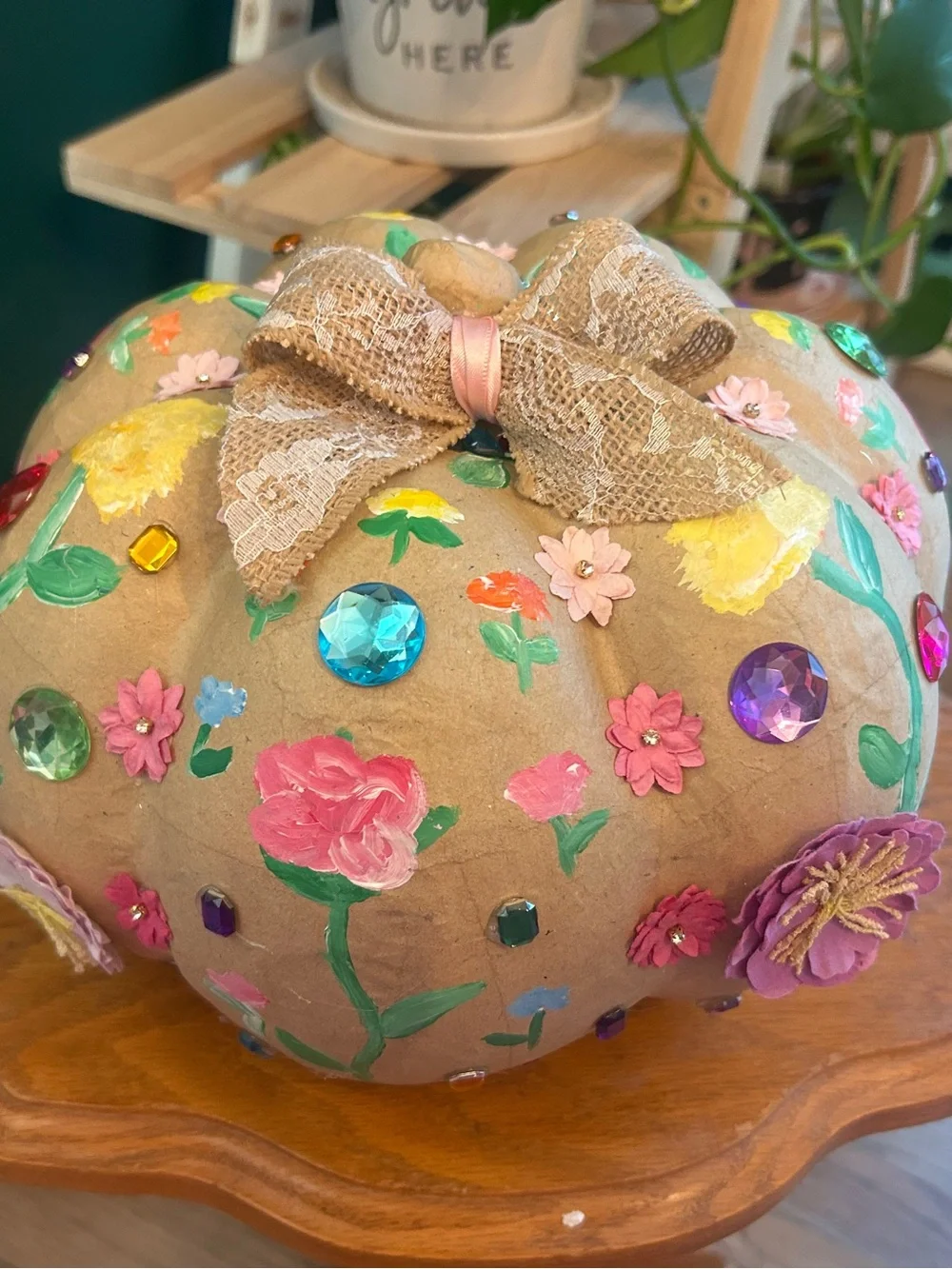 Boujee Hand-painted Floral Paper Maché Bedazzled Pumpkin with Paper Flowers